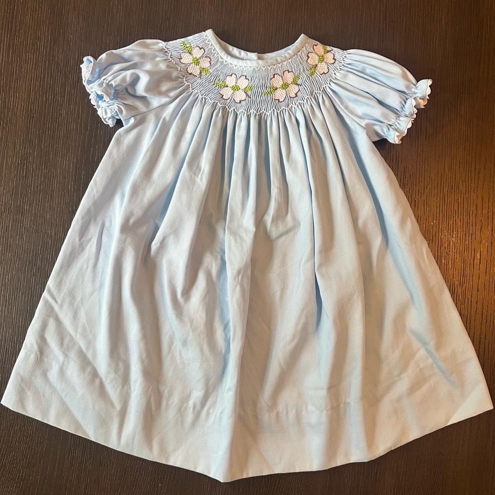 Blue Smocked Kids Dress with Magnolia Embroidery size 18m